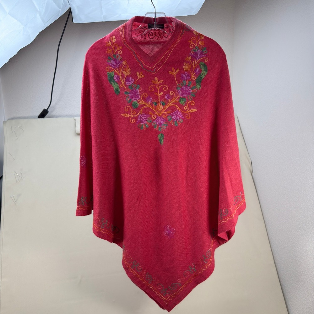Womens Hand Embroidered Pink Cashmere Poncho Made in Nepal Luxury Boho Artisinal